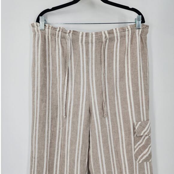 DASH Striped Tan Linen Blend Wide Leg Pants Womens Size Petite Medium PM Pocket - Picture 3 of 5